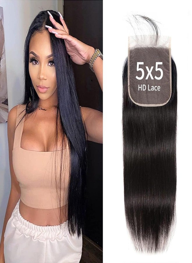 XSY 5x5 hd lace closure Straight frontal hd lace Ultra Thin Invisible Virgin Human Hair Closure Pre Plucked Natural Hairline with Baby Hair Natural Black Color 14 Inch - Image 1